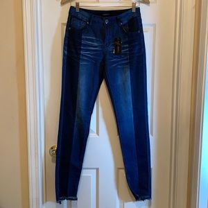 Redfox NWT Premium Jeans Indigo Two Tone Raw Hem Pocket. Stretch. Colorblock